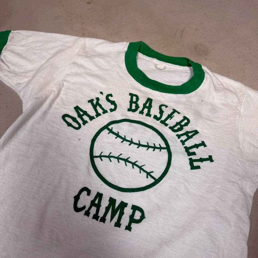 Vintage 80s Oaks Baseball Camp Ringer T-Shirt White Green men's small tight
